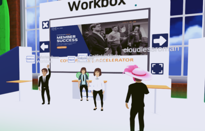 digital graphic with people illustrations and a banner in the background featuring Workbox's founder's night