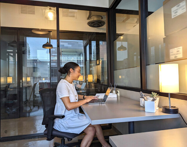 a woman sitting at a office desk with a laptop