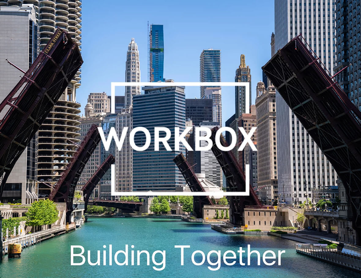 workbox building together logo over building and river background