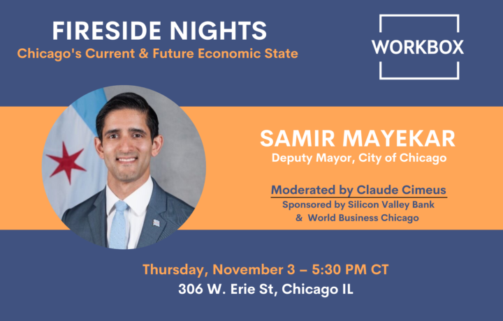 banner of samir mayekar, deputy mayor of chicago city, as speaker at the event of fireside nights, chicago's current and future economic state