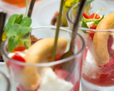 close up of food in a glass on a table